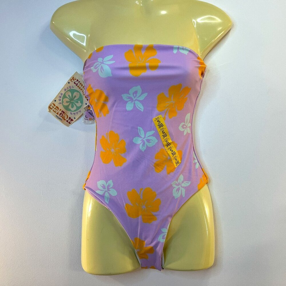 Pull&Bear Lilac  Strapless One-Piece Swimsuit with Orange & Mint Flowers NWT